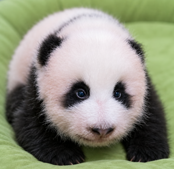 Uploaded close-up photo of baby panda Shubao resting on green leaves